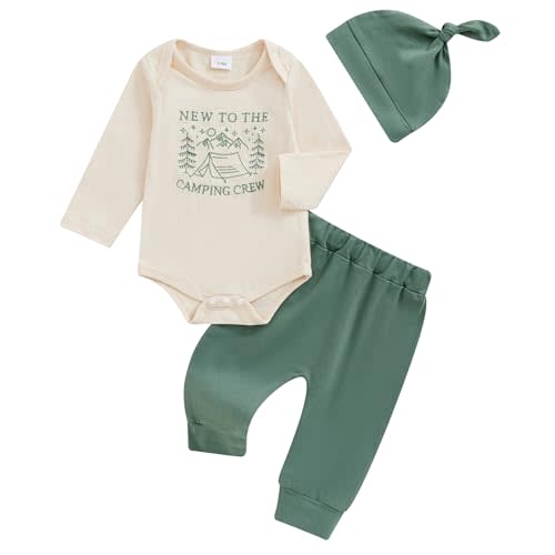 Socutebabe Newborn Baby Fall Clothes New To The Camping Crew Outfit Long Sleeve Romper Pants Set Infant Boy Girl 3pcs