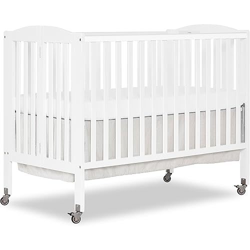 Dream On Me Full-Size 2-in-1 Folding Baby Crib in White, GreenGuard Gold & BSA, Portable, Patented Quick Folding System, Strong Wheels, 2 Adjustable Mattress Heights