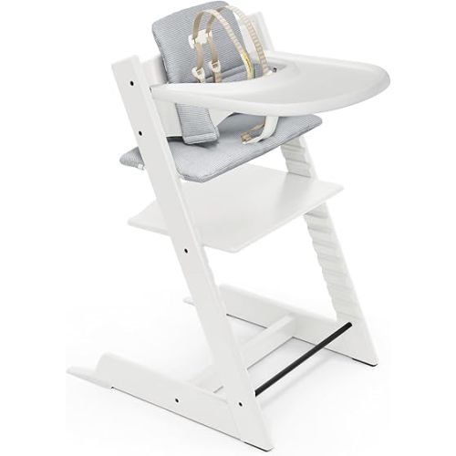 Tripp Trapp High Chair and Cushion with Stokke Tray - White with Nordic Blue - Adjustable, Convertible, All-in-One High Chair for Babies & Toddlers