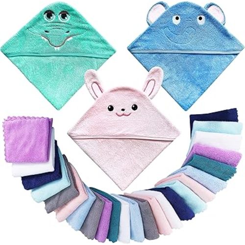 3 Pack Baby Hooded Bath Towel with 24 Count Washcloth Sets for Newborns Infants & Toddlers, Boys & Girls - Baby Registry Search Essentials Item - Crocodile, Rabbit, Elephant