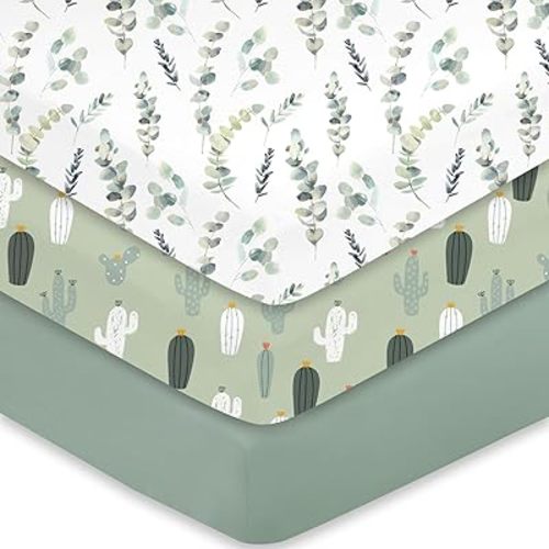Little Grape Land Crib Sheets 3 Pack, Baby Crib Sheet Set for Standard Crib & Toddler Mattress, Super Soft Breathable Crib Mattress Sheets Fitted Girl & Boy, Leaves/Cactus/Solid Green Set