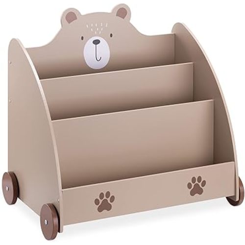 Navaris Kids Bookcase - Childrens Bookshelf with Wheels and 3 Book Storage Shelves - Childs Bookshelves for Bedroom or Play Room - Brown Bear Design