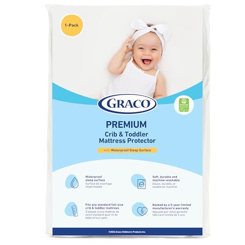 Graco Premium Waterproof Crib and Toddler Mattress Protector (1 Pack) – GREENGUARD Gold Certified, Machine-Washable & Dryer-Friendly, Waterproof Sleep Surface, Fits Crib & Mattress