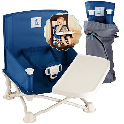 Hiccapop OmniBoost Travel Booster Seat with Tray for Baby, Dining Table, Camping, Beach, Grandma’s | Folding Portable Tip-Free Design Straps to Kitchen Chairs