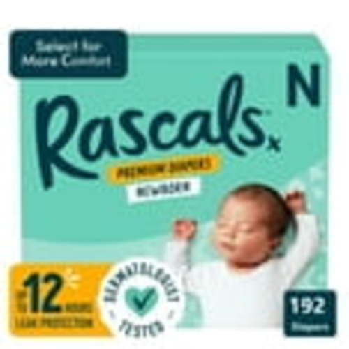 Rascals Premium Newborn Absorbent Baby Diapers Newborn, 192 Count (Select for More Comfort)