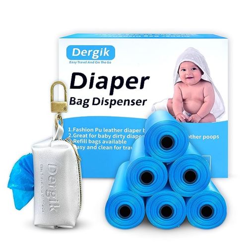 LEATHER Diaper Bag Dispenser | 105 Diaper Bags Disposable (7 Refills) for Baby and Toddler Poop or Dirty Clothes, Dirty Paper Towels | Portable Travel Essential and On the Go, Silver - silver