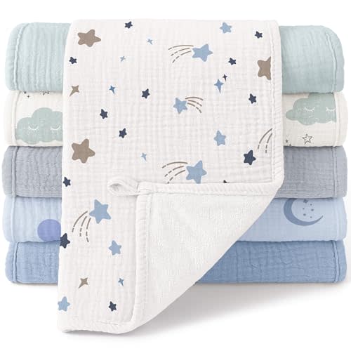 Bearmoss Muslin Burp Cloths, 100% Cotton Baby Burping Clothes, Large Extra Soft Absorbent for Unisex Newborn Boy and Girl, 20x10in, 6 Pack, Blue Print