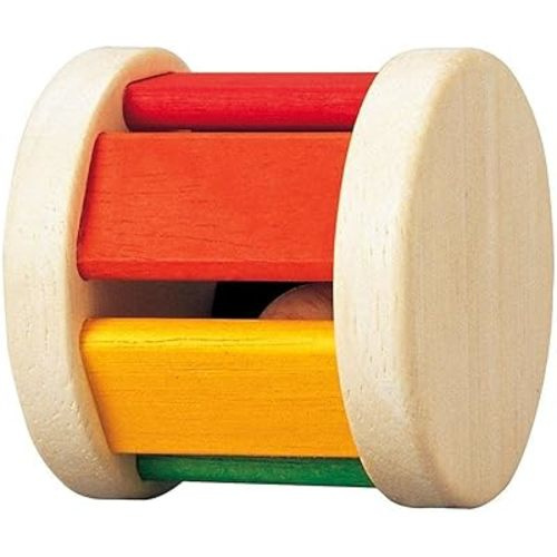 PlanToys Rainbow Roller Baby Rattle - Sustainably Made from Rubberwood Featuring Organic-Pigment Coloring and Water-Based Dyes with Gentle Sound when Rolled