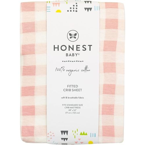 HonestBaby Fitted Crib Sheets Fits Standard Mattress Bassinet, Mini Prints 100% Organic Cotton Baby Boys, Girls, Unisex, Peach Skin Painted Buffalo Check, One Size