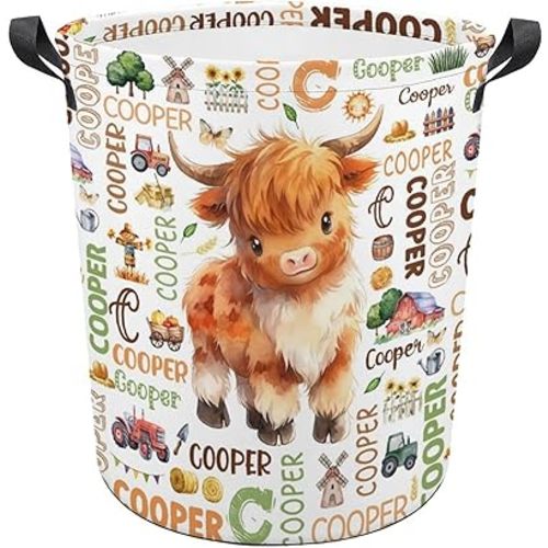 Custom Highland Cow Laundry Baskets,Personalized Highland Cow Laundry Basket,Personalized Gifts,Customize Baby Name Laundry Hamper for Kids Adults,Collapsible Clothes Storage Organizer,S-16.5"X 13.8"