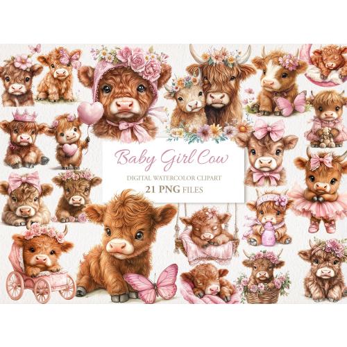 Baby Girl Highland Cow Watercolor Clipart PNG Bundle. Newborn Children Nursery Art. AI Illustration Instant Download Commercial Use. 21 PACK