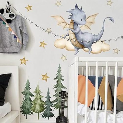 Baby Dragon Wall Decals Stars Clouds Forest Nursery Wall Stickers Removable Livingroom Kids Room Playroom Library Nursery Classroom Wall Decor