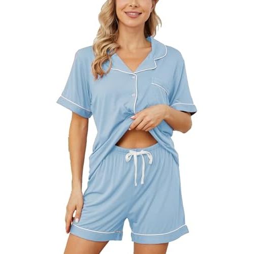Womens Pajama Sets Short Sleeve Sleepwear Soft Button Down Nightwear Lounge Pj Set XS-XXL