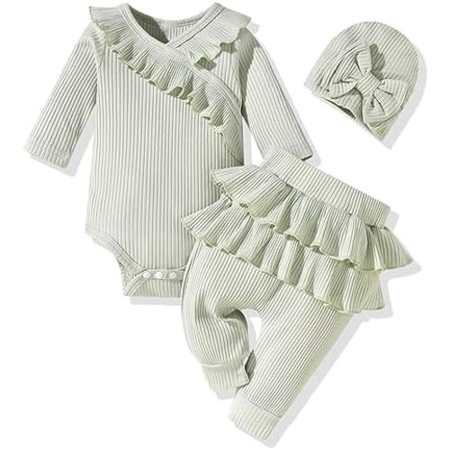fioukiay Preemie Newborn Baby Girl Clothes Infant Girl Solid Ribbed Outfits Ruffle Romper and Pants 3PC Clothing Sets