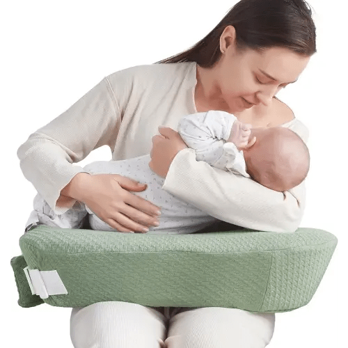 QSTEHEML Nursing Pillow - Deluxe Original for Breastfeeding and Bottle Feeding, Ergonomic Support for Mom and Baby, Adjustable Waist Strap, Removable Cover, Memory Foam, Green