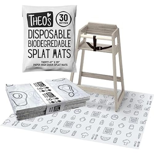 30 Pack | Disposable Splat Mats | Biodegradable + Compostable | THEO'S MATS | Under Highchair Splat Mat for Floor | Baby Led Weaning Supplies | (THEO001)