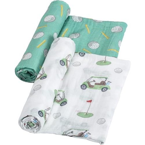 LollyBanks Swaddle Blanket 100% Cotton, 2 Pack Muslin Swaddle Blankets, 47 x 47 inches Swaddles for Boys and Girls, Lightweight Baby Blanket, Baby Essentials, Registry (Golf Print)
