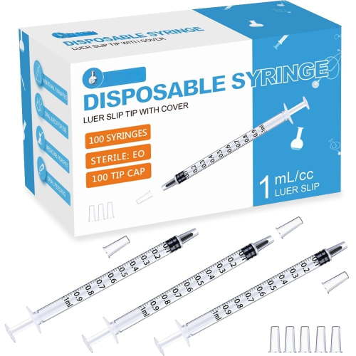 100 Pack 1ml /1cc Syringe with Cap Oral Syringes without needle for Liquid Measuring, Scientific Labs, Feeding Small Pets, Medical Student, Oil or Glue Applicator-Individually Sealed, Luer Slip