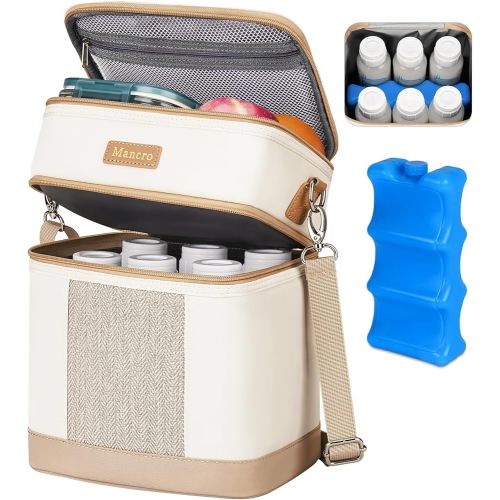 Mancro Breastmilk Cooler Bag with Ice Pack, Double Layer Insulated Baby Bottles Bag Fits 6 Bottles Up to 9 Ounces, Portable Breast Pump Cooler Travel Bag for Daycare and Nursing Moms, Beige