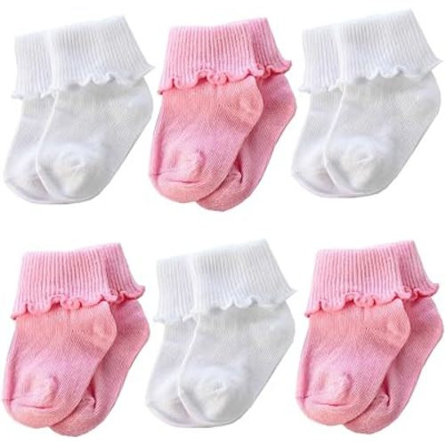 6 &12 Pairs Infant Toddler Baby Kids Turn Cuff Ruffle Cotton Socks - 6-12 Months - 6 Pairs-pink/White