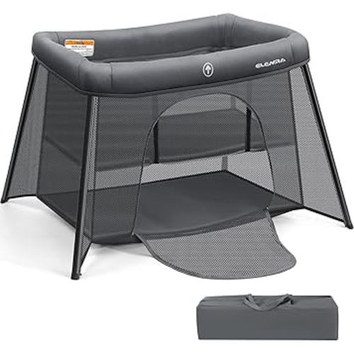 ELEMARA Big Travel Crib for Baby,Portable Crib with Comfortable Mattress,Lightweight Foldable Playpen with Long-Lasting Frame, Indoor & Outdoor Use Playard, Pack and Play for Toddlers(Light Grey)