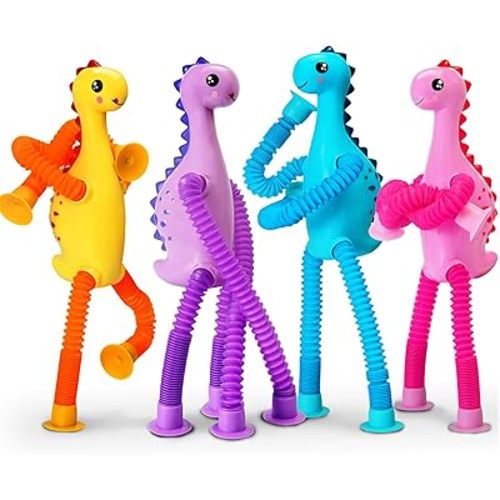 4Pcs Dinosaur Airplane Travel Toys for Toddlers Kid Boys Girls Year Old Ages 3+ Sensory Tube ADHD Autism Plane Road Trip Activities Essential Suction Cup Pop Dino Fidget Toys Autistic Gifts