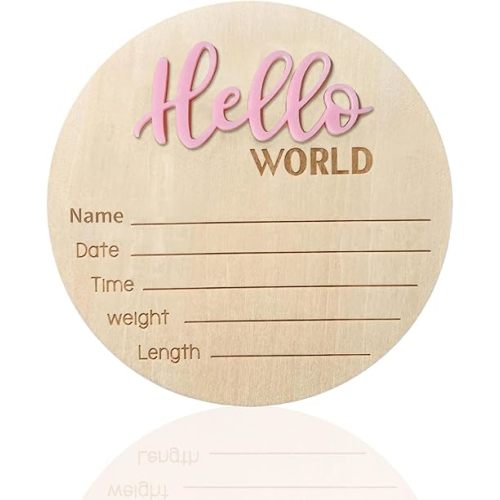 Baby Announcement Sign - 5.9 Inch Wooden Hello World Newborn Sign, Birth Announcement, Baby Shower Hospital Nursery for Newborn Boys and Girls (Pink)