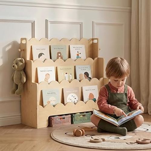Scalloped Kids Bookshelf, 3-Tier Wooden Bookshelf for Kids' Room, Toddler Book Organizer and Montessori-Style Bookcase Display Shelf for Nursery, Bedroom, Playroom and Reading Corner