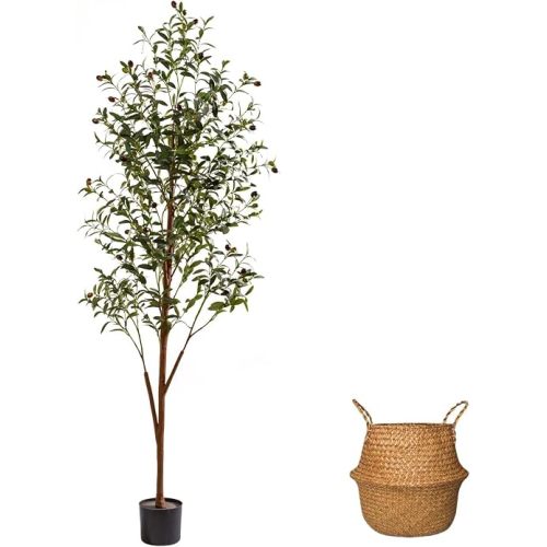 6FT Artificial Olive Tree Indoor, Tall Faux Olive Tree with Pot&Basket, Large Fake Olive Tree with Realistic 1080 Silk Leaves and 60 Fruits for Living Room Home Office Decor.