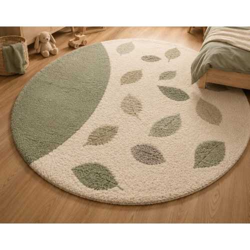 Round Botanical Tufted Rug, Sage Green Nursery Carpet, Scandinavian Kids Room Decor