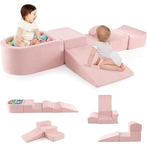 HONEY JOY Toddler Climbing Toys Indoor, 5-Piece Soft Foam Climbing Blocks w/Ball Pit, Washable Baby Playtime Playground Set, Modular Structure Gym Equipment, Kids Climb and Crawl Playset, Gift (Pink)