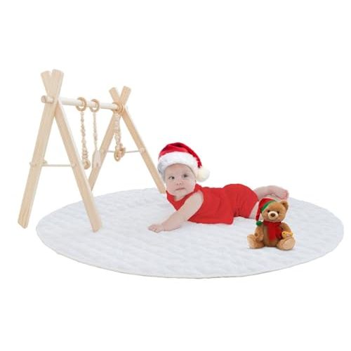 Modern Wooden Baby Play Gym for Babies 0-12 Months Cognitive & Motor Skills Foldable Infant Play Gym with Hanging Toys Wood Play Gym Unisex Nursery Decor (Natural Wood, Natural Toys)