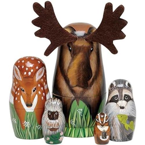 Bits and Pieces - "Woody and Friends" American Woodland Creatures Nesting Dolls - Hand Painted Wooden Animal Figurines - Set of 5