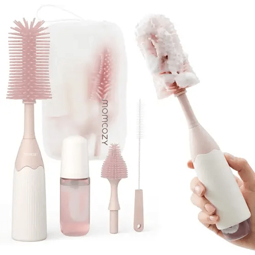 Momcozy Bottle Brush Kit, Innovative Push-Press Design for Better Cleaning - Baby Bottle Cleaner Brush for Baby Bottle, Breast Pumps, Nipples, and More - Can Generate Foam for Better Cleaning, Pink