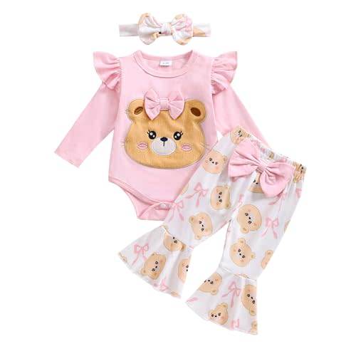 Ursobutegl Newborn Infant Baby Girl Outfits Ruffle Bear Long Sleeve Romper Bodysuit Tops Flared Pants Set Bell Bottom Clothes