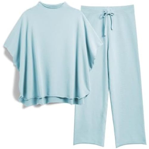 Women's Two Piece Outfits 3/4 Batwing Sleeve Capelet Crew Neck Pullover Top Wide Leg Pants Lounge Set