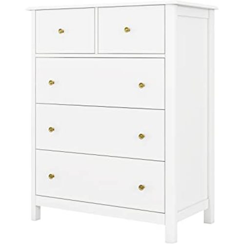 HOUSUIT Drawer Chest, 5 Dresser Chest of Drawers, Clothes Storage Cabinet Nightstand with Drawers, Modern Dresser for Bedroom, Nursery, Living Room, Ivory White