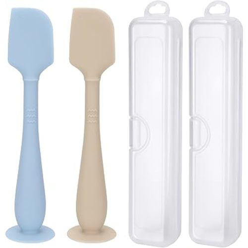 2 Pack Diaper Cream Spatula with Hygienic Travel Case, Butt Spatula Baby with Suction Base, Baby Butt Paste Spatula, Soft Silicone Diaper Rash Cream Applicator Large Size (Blue & Offwhite)