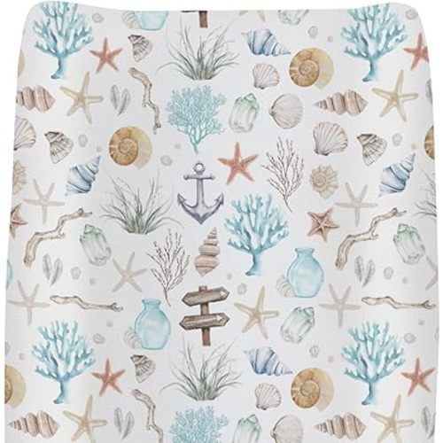 Ocean Boho Summer Changing Pad Covers for Baby Girl Boy Seashells Conch Starfish Corals Anchors Fitted Change Table Covers Mats Nautical Soft Diaper Changing Pad Sheets for 32''×16'' Contoured Pad