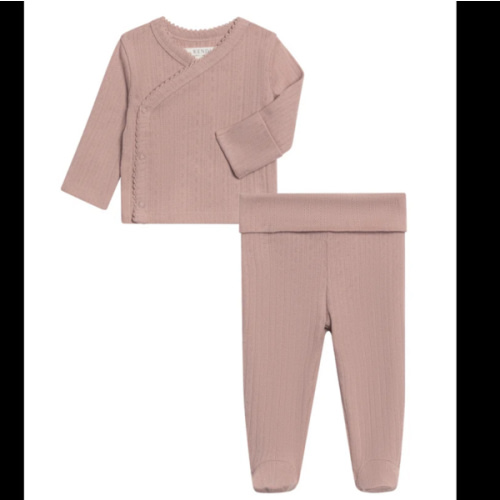 2-Piece Lacey Brushed Back Pointelle Kimono Top and Pant Set - WREN | 0-3 M