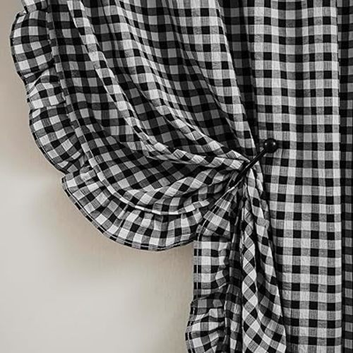 ZJDECOR Buffalo Plaid Ruffle Curtains 63 Inch,Crinkled Not-See-Through Sheer Drapes,Black White Farmhouse Drapes for Bedroom Living Room,Shabby Chic Window Treatment,Rod Pocket,40" Wx63 L,Pack of 2