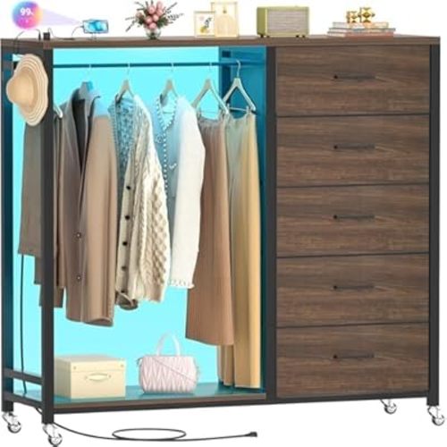 Cyclysio Dresser for Bedroom with Clothes Rack, 5 Drawers Dresser with Charging Station & LED Lights, Storage Chest of Drawers, Wooden Top, Bedroom, Closet, Red Oak