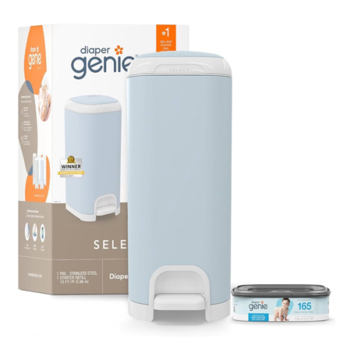 Diaper Genie Select Pail (Blue) is Made of Durable Stainless Steel and Includes 1 Starter Square Refill That can Hold up to 165 Newborn-Sized Diapers.
