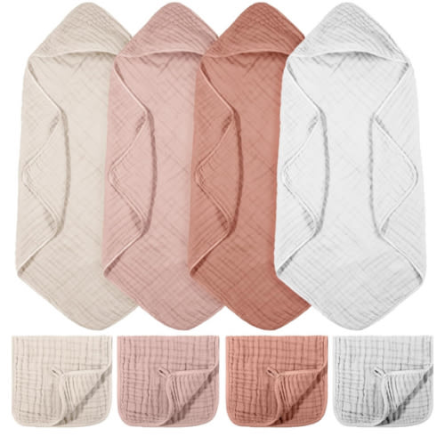 VitalCozy 8 Pcs Baby Muslin Hooded Bath Towels and Washcloths, Muslin Hooded Baby Towels Absorbent Blankets for Gift Newborn Infant Shower (Pink,White)