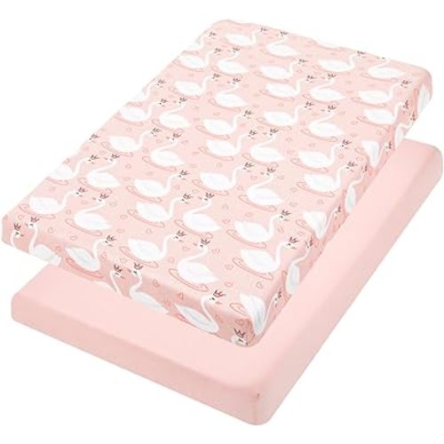 TILLYOU Mini Crib Fitted Sheets - Soft Knit Sheet for Pack N Play, Microfiber Mini Crib Sheets, Playpen Bedding Sheet for Baby 2 Pack, Machine Washable, 38'' x 24'', Swan Dance and Pink