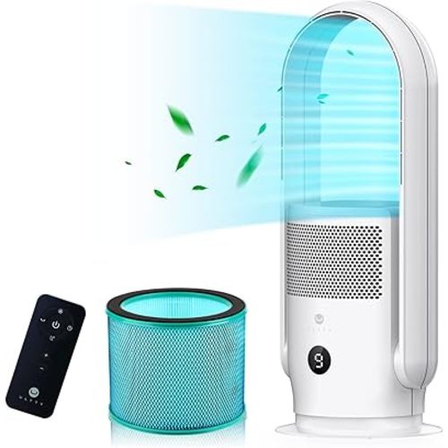 ULTTY Bladeless Tower Fan with Air Purifier, 90° Oscillating Bladeless Fan with Remote, Touch, 8H Timer, Floor Fans for Bedroom Whole Room Home Office R021, White