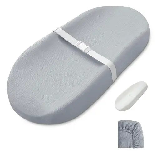 Blissful Diary Muslin Baby Changing Pad with Waterproof Lining Foam, Diaper Changing Table Pad with Cover for Dressers (Gray, Avocado)