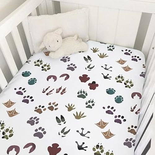 Woodland Animals Tracks Baby Crib Sheets 52''x28'' Forest Animals Footprint Snug Fitted Crib Mattress Cover for Boy Girl Wild Animals Soft Baby Bed Sheets for Standard Crib and Toddler Mattresses