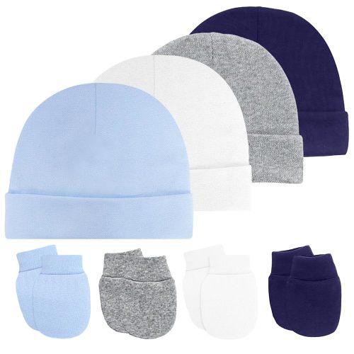 4 Sets Newborn Brimless Hat and Mittens Set Double Layer Baby Hat Anti-Scratch Face Mittens Set for Boys Girls