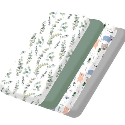 Bimocosy Pack and Play Sheets Fitted 4 Pack, 38" x 26" Mini Crib Sheets for Baby Boys and Girls, Soft & Breathable Microfiber Playard Sheets Fit Pack N Play and Playard Mattress, Leaf/Bear/Gray/Green